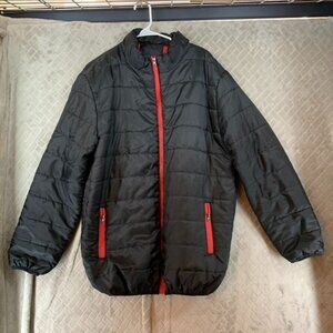 Adult XL Jacket Coat Black Puffer Lightweight Polyester Red Zipper Accents